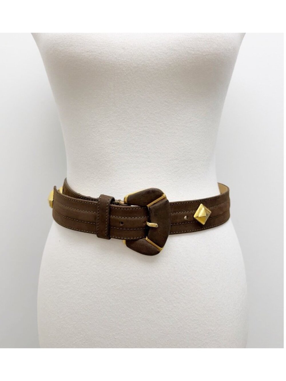 Pelle Vintage Suede Leather Brown Gold Belt Wide Art XS/S 90s 80s Y2K